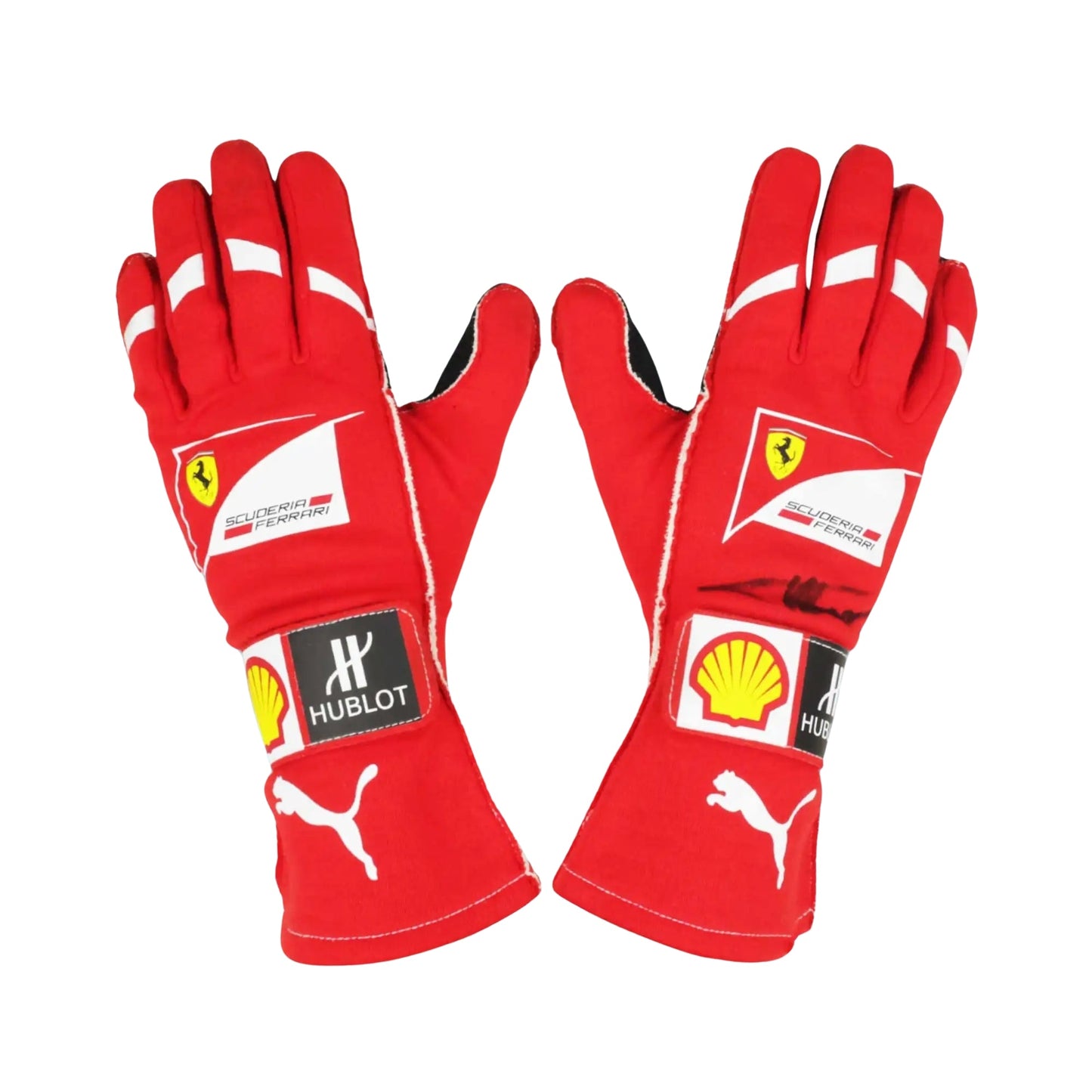 Red Fernando Alonso 2014 F1 racing gloves with various brand logos on a white background