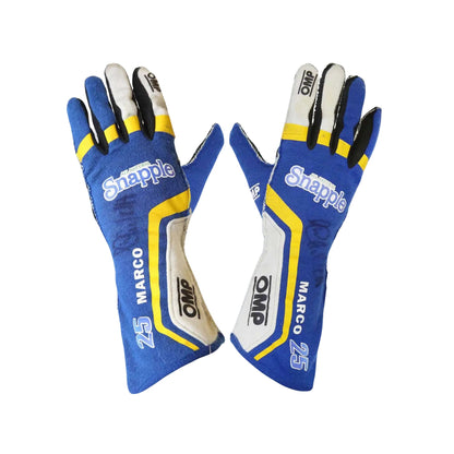 Pair of blue Marco Andretti 2014 Indy 500 racing gloves with yellow and white accents on a white background