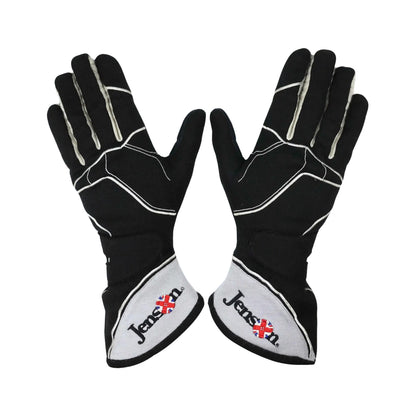 Pair of black and white Jenson Button 2015 F1 Racing gloves with 'Jensen' branding on a white background
