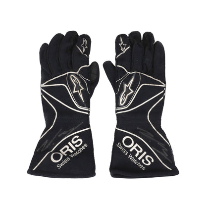 Pair of Valtteri Bottas 2015 black gloves with white branding on a white background