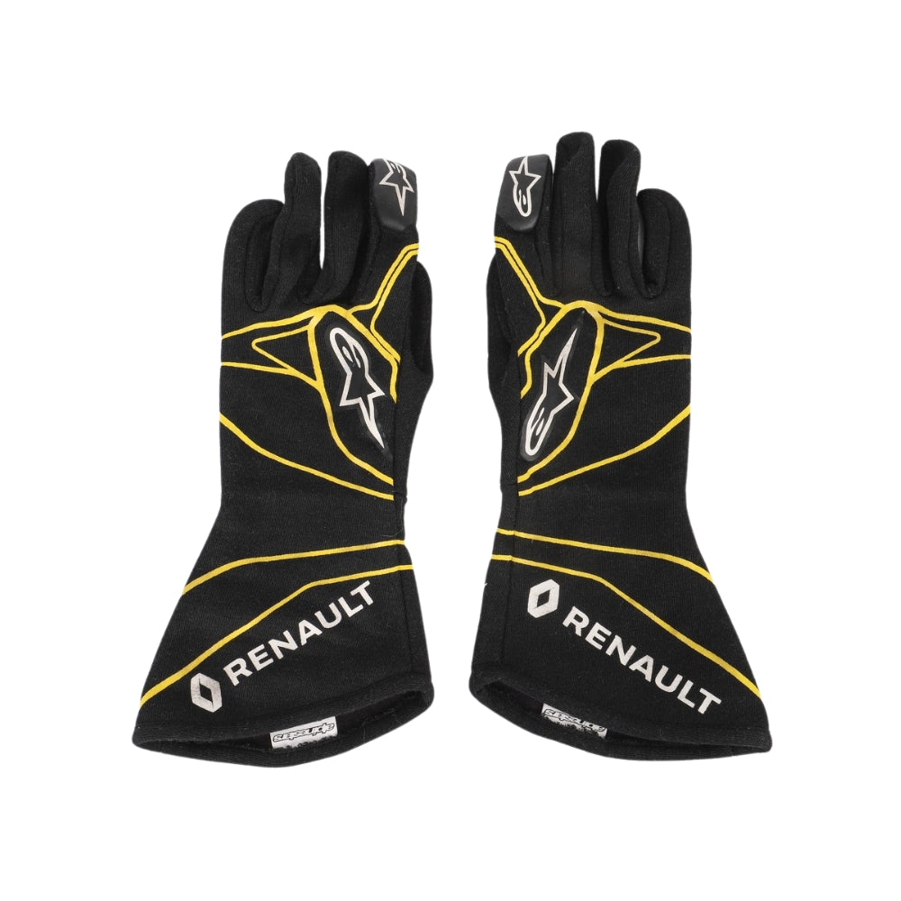 Black Esteban Ocon 2016 F1 racing gloves with yellow accents and Renault branding on a white background