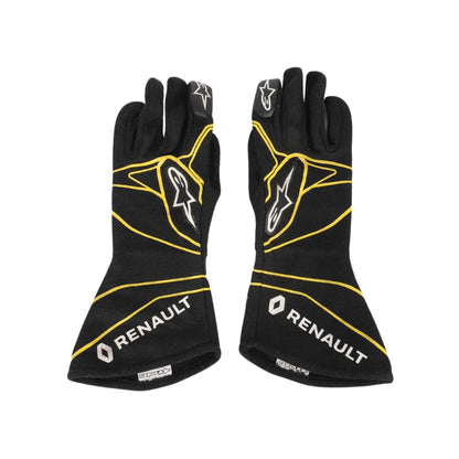 Black Esteban Ocon 2016 F1 racing gloves with yellow accents and Renault branding on a white background