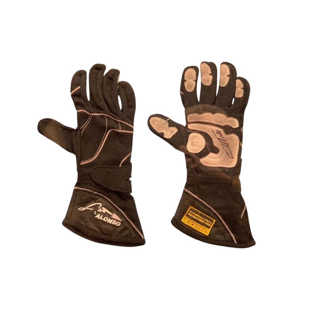 Pair of brown Fernando Alonso 2017 F1 Racing gloves with visible branding on a white background