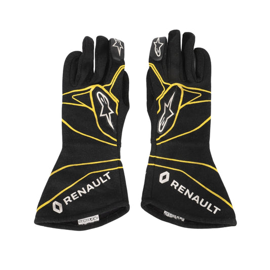Kevin Magnussen, 2016 Black F1 racing gloves with yellow accents and Renault branding on a white background