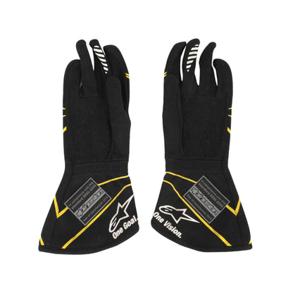 Kevin Magnussen 2016 Black F1 racing gloves with yellow accents and visible branding on a white background