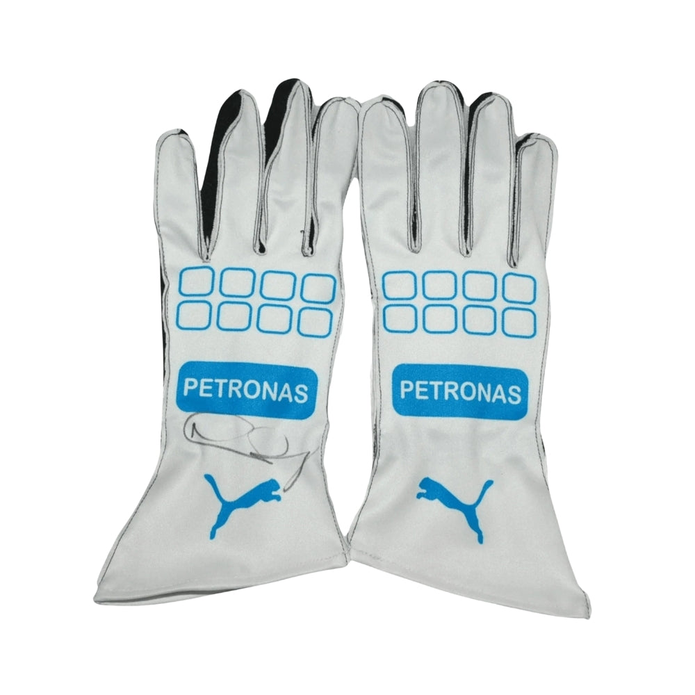 Pair of white Nico Rosberg 2016 F1 Racing gloves with Petronas and Puma logos on a white background
