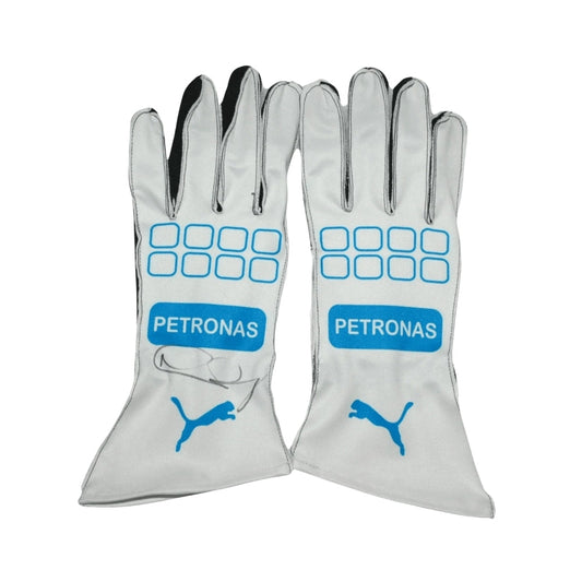 Pair of white Nico Rosberg 2016 F1 Racing gloves with Petronas and Puma logos on a white background