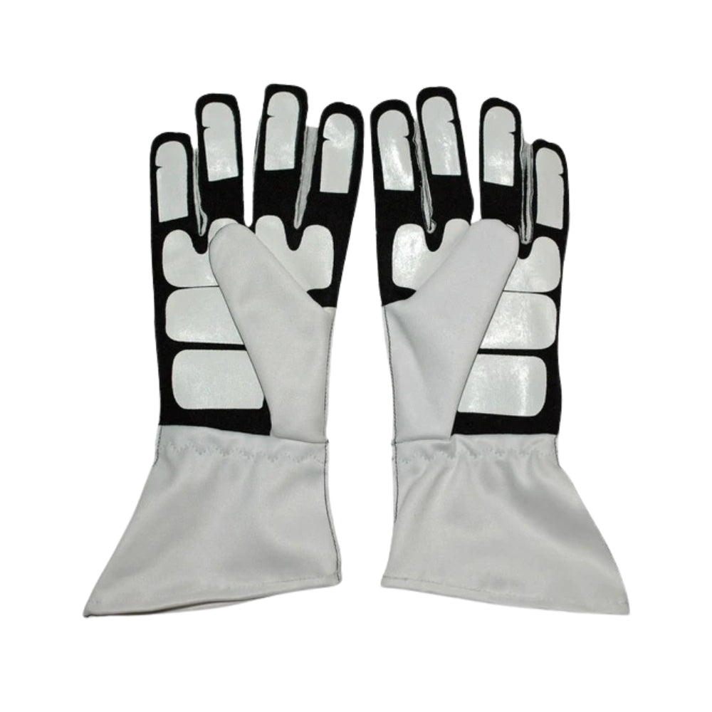 Pair of white Nico Rosberg 2016 F1 Racing gloves with black and gray accents on a white background