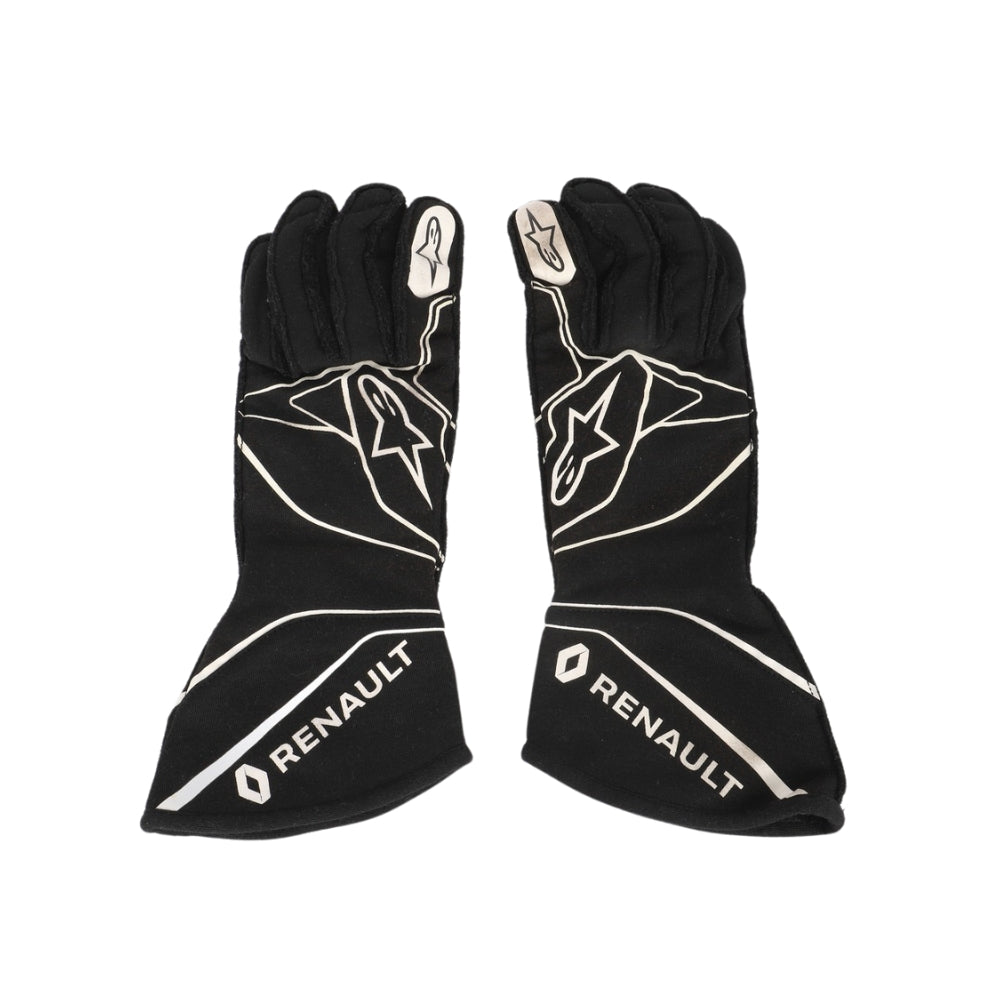 Black Nico Hulkenberg 2017 F1 racing gloves with Renault logo on a white background