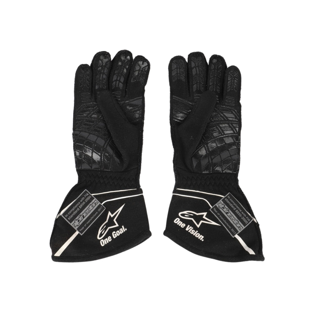 Pair of black Nico Hulkenberg 2017 F1 racing gloves with visible branding on a white background