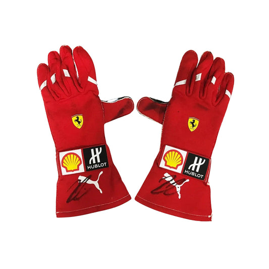Red Kimi Raikkonen 2018 F1 racing gloves with sponsor logos on a white background