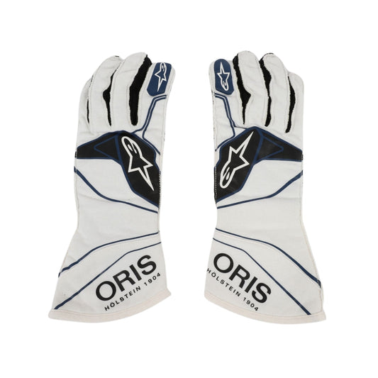 Pair of white Lance Stroll 2018 F1 racing gloves with black and blue accents and 'Oris' branding on a white background.