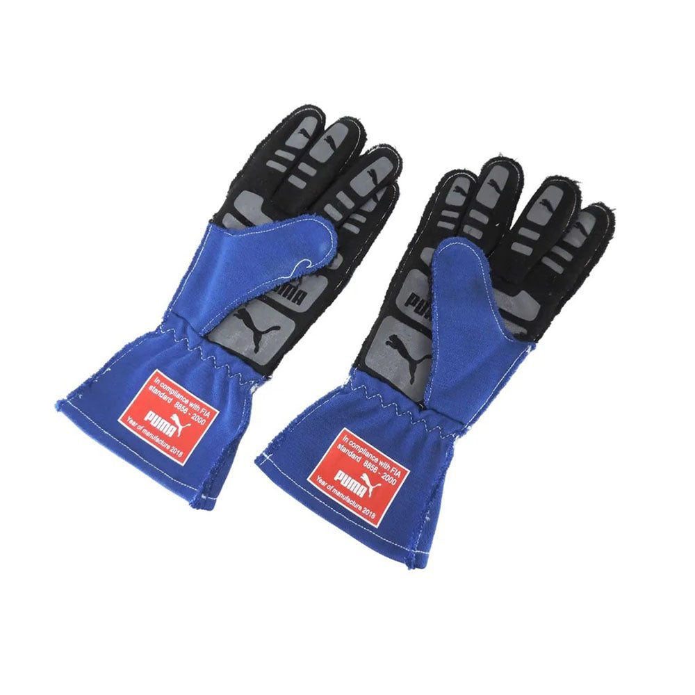 Pair of blue and black Puma Valtteri Bottas 2018 F1 racing gloves on a white background