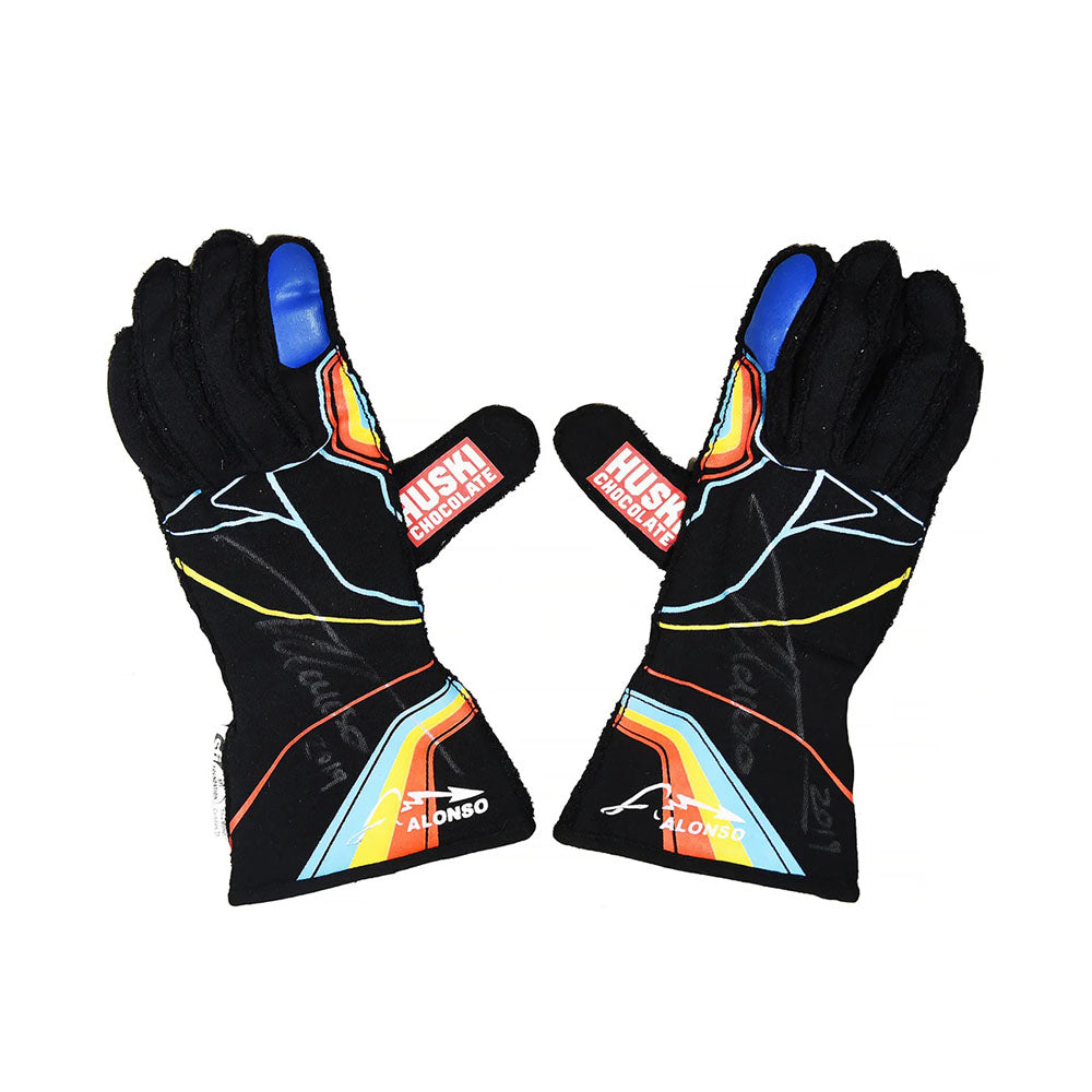 Pair of black Fernando Alonso 2019 Indy 500 Racing gloves with colorful accents on a white background