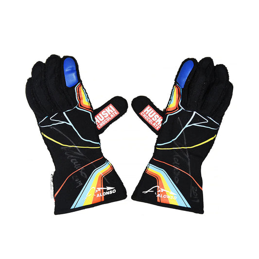 Pair of black Fernando Alonso 2019 Indy 500 Racing gloves with colorful accents on a white background