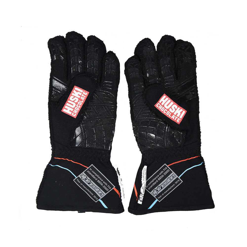 Pair of black Fernando Alonso 2019 Indy 500 Racing gloves with visible branding on a white background