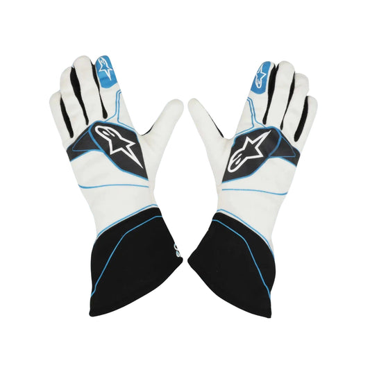 Pair of white 2018 James Hinchcliffe Race Worn IndyCar racing gloves with black and blue accents on a white background