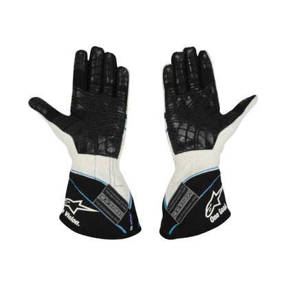 Pair of black and white 2018 James Hinchcliffe Race Worn IndyCar gloves with brand logo on a white background