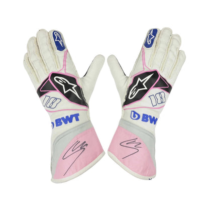 Pair of white and pink Lance Stroll 2019 F1 Racing gloves with visible branding on a white background