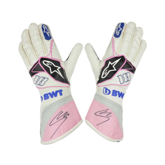 Pair of white and pink Lance Stroll 2019 F1 Racing gloves with visible branding on a white background
