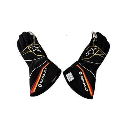Pair of black Nico Hulkenberg 2019 F1 racing gloves with Renault logo on a white background