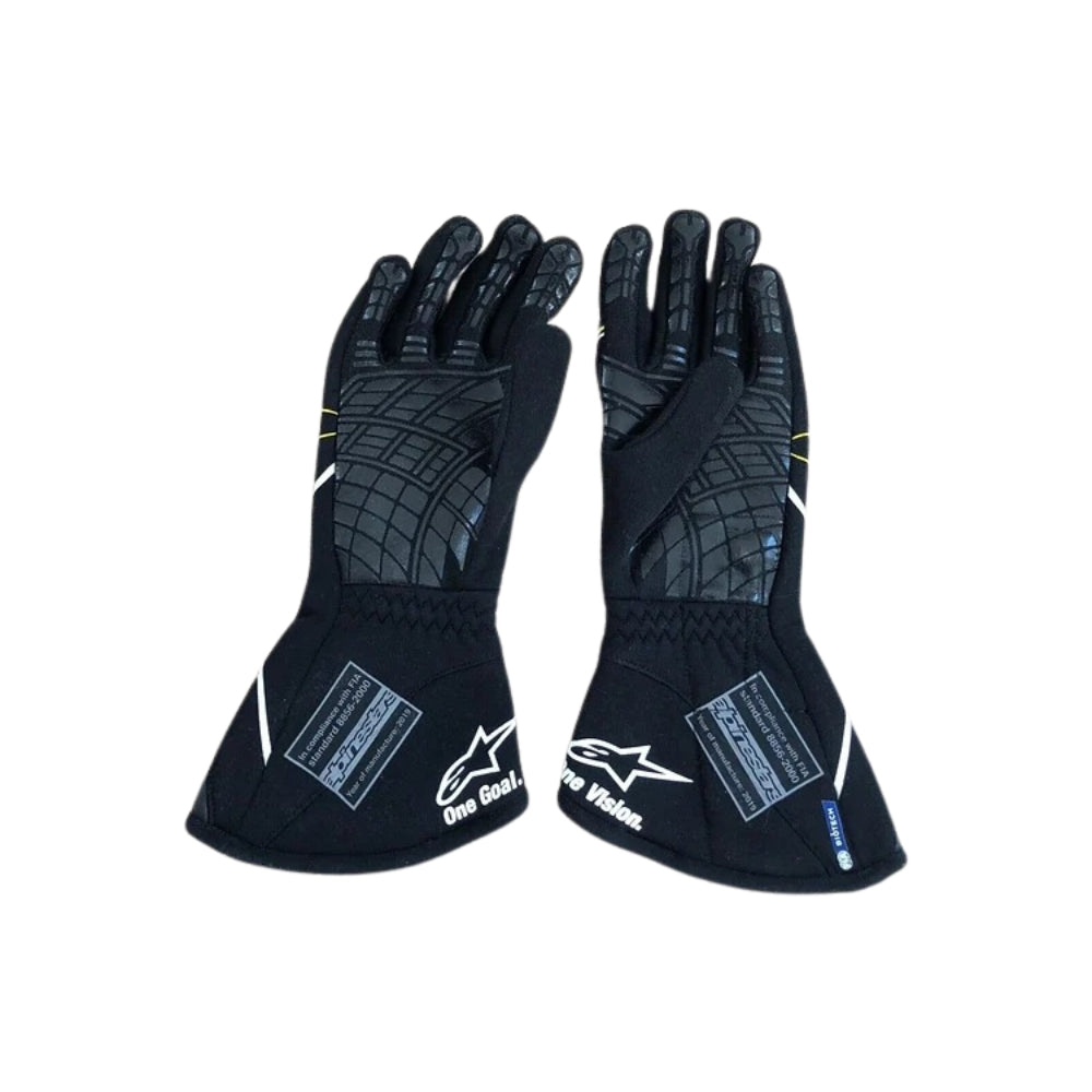 Pair of black Nico Hulkenberg 2019 F1 racing gloves with brand logo on a white background