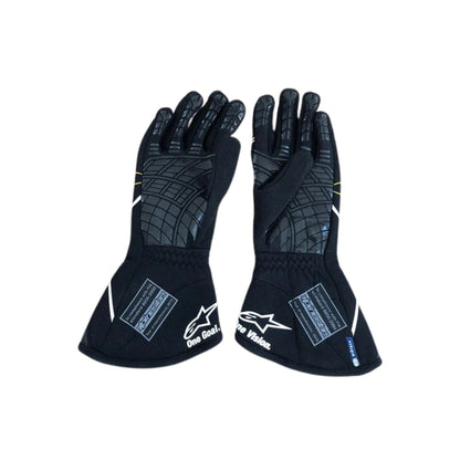 Pair of black Nico Hulkenberg 2019 F1 racing gloves with brand logo on a white background