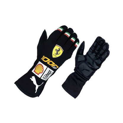 Black Charles Leclerc 2020 1000GP F1 racing gloves with sponsor logos on a white background
