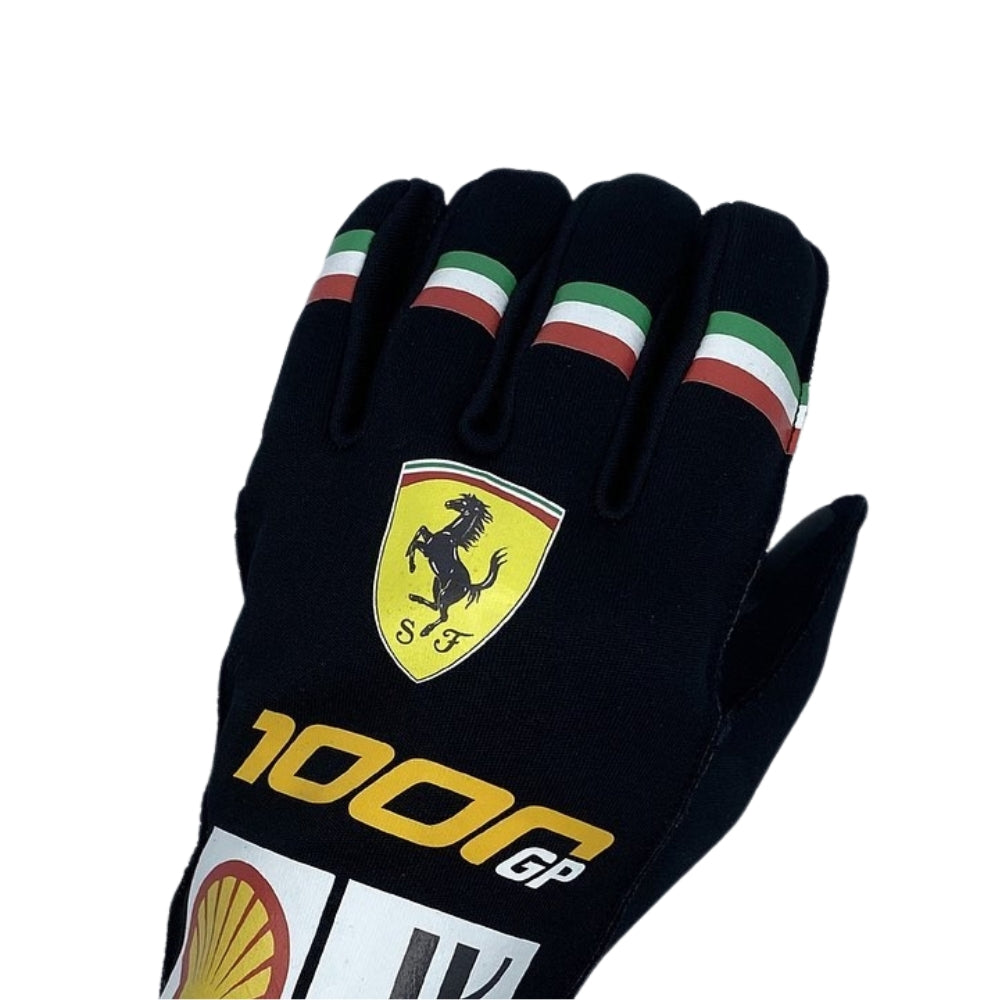 Black Charles Leclerc 2020 1000GP F1 racing glove with Ferrari logo on a white background
