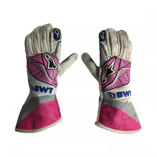 Pair of gray and pink Lance Stroll 2020 F1 racing gloves with visible branding on a white background