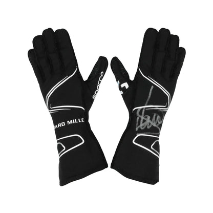 Black Lando Norris 2020 F1 racing gloves with white branding on a white background