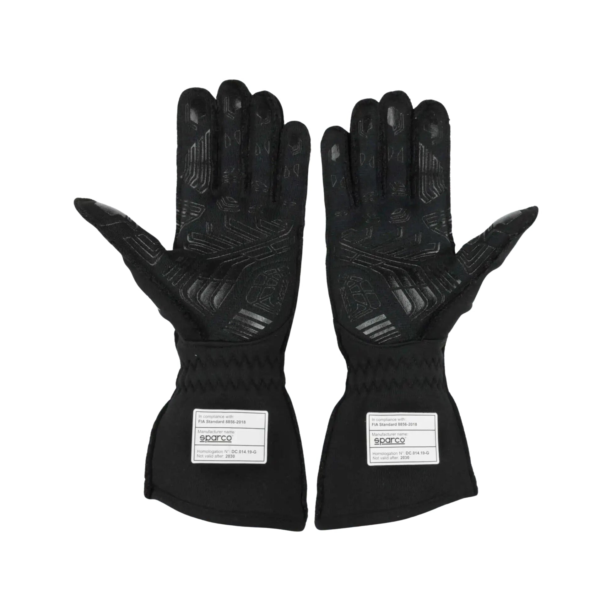 Pair of black Lando Norris 2020 F1 racing gloves with brand label on a white background