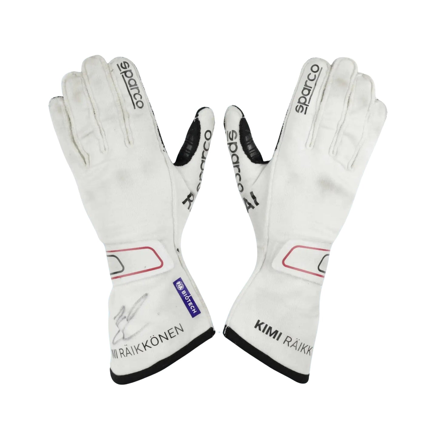 White Kimi Raikkonen 2021 F1 racing gloves with branding on a white background