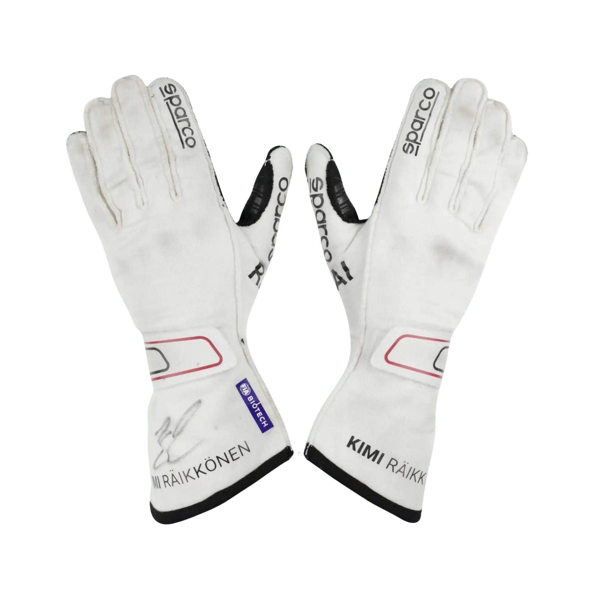 White Kimi Raikkonen 2021 F1 racing gloves with branding on a white background