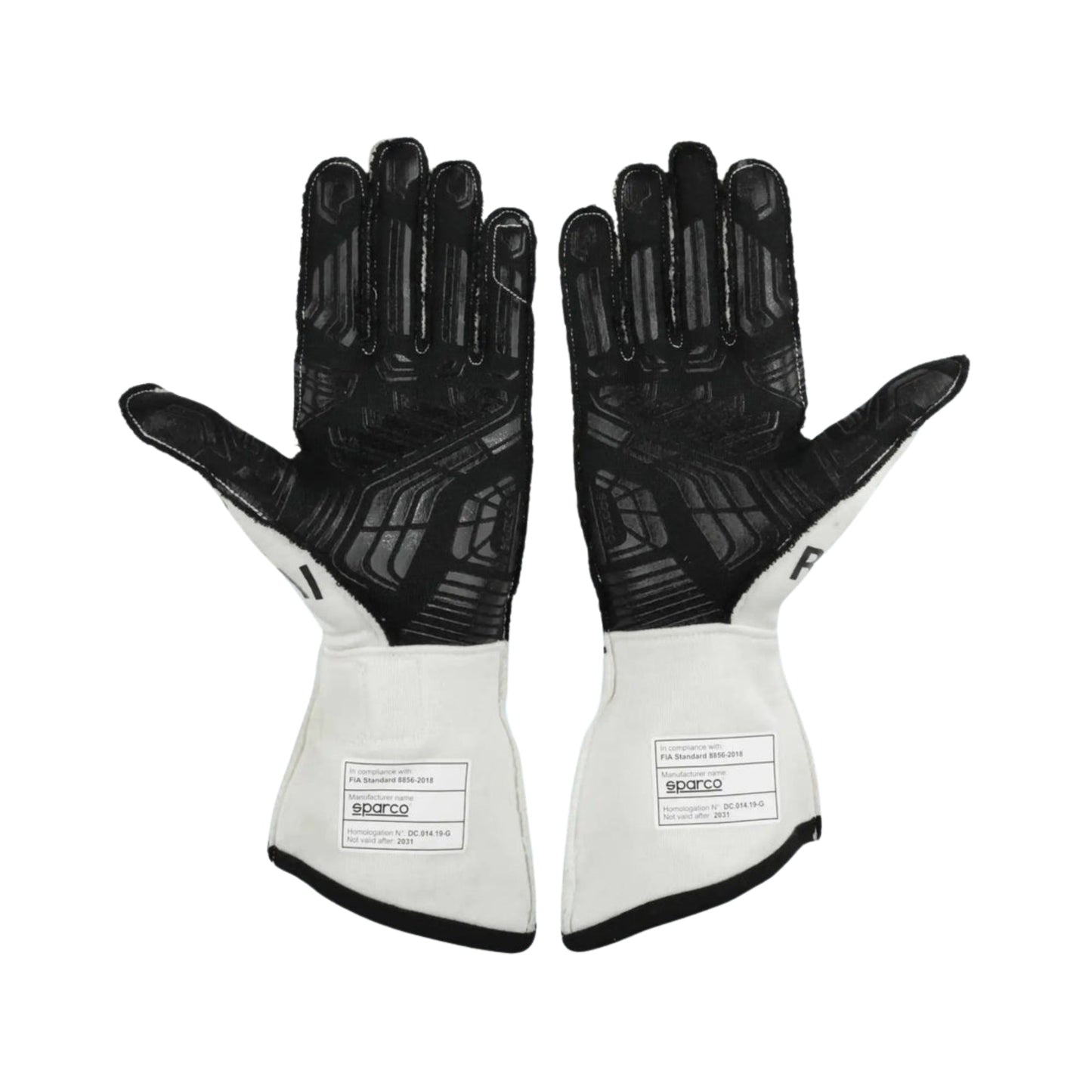 Pair of black and white Kimi Raikkonen 2021 F1 racing gloves with 'Sparco' branding on a white background