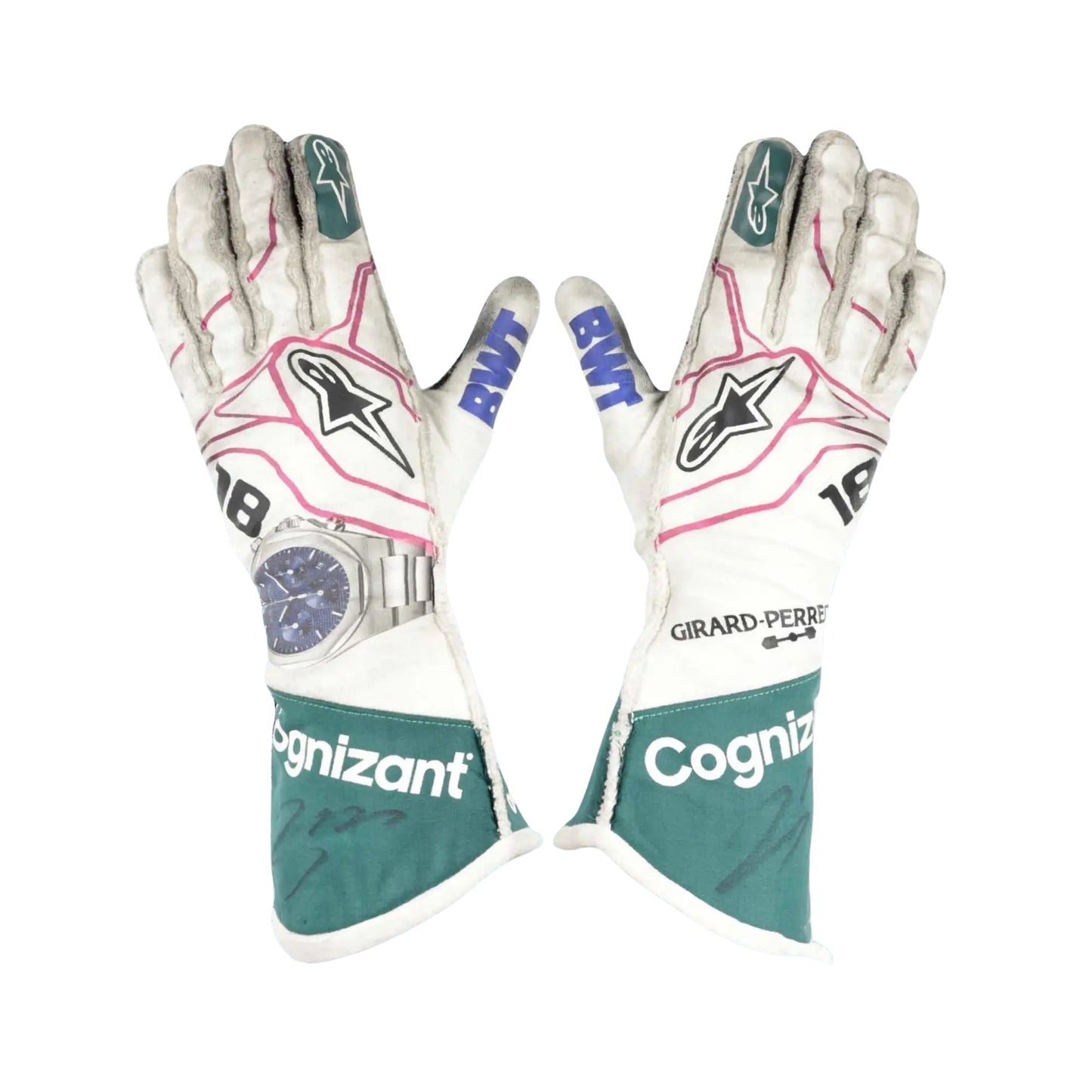 Pair of white Lance Stroll 2021 F1 Racing gloves with multiple brand logos on a white background