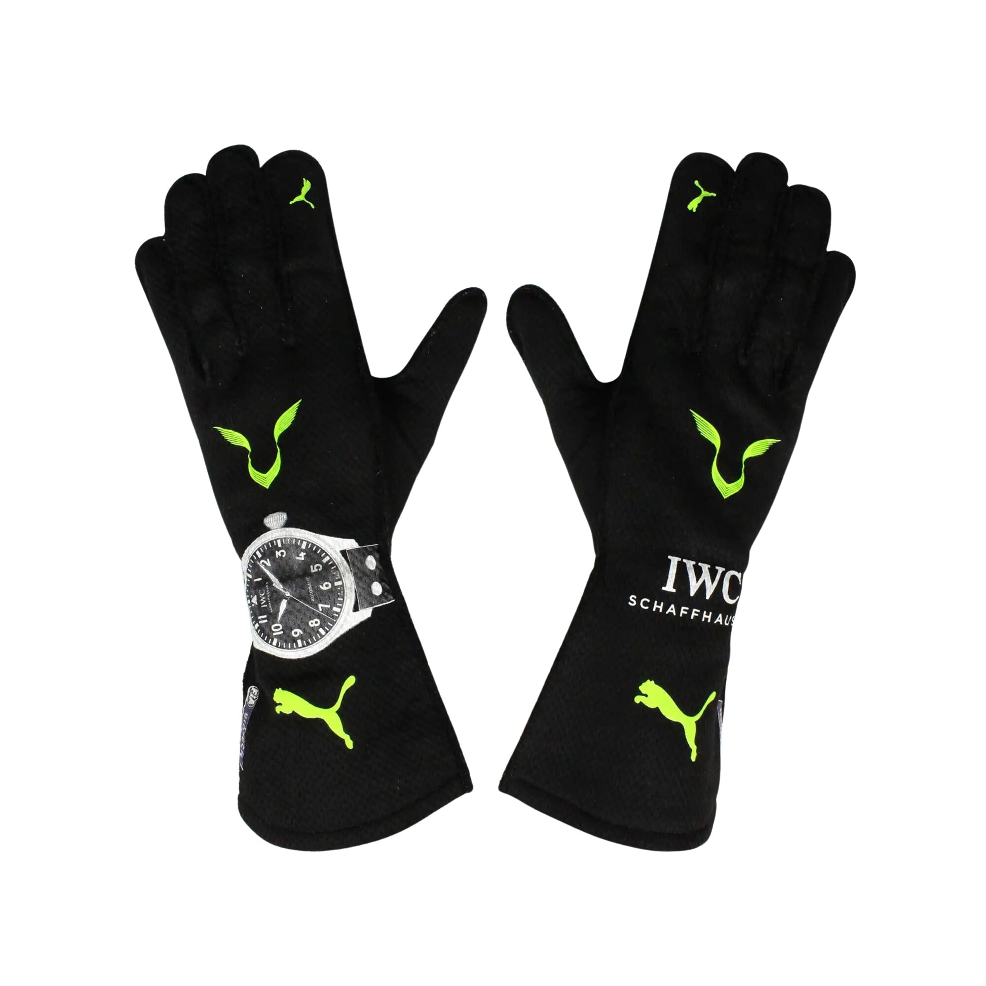 Black Lewis Hamilton 2022 F1 Racing gloves with green accents and a watch on a white background
