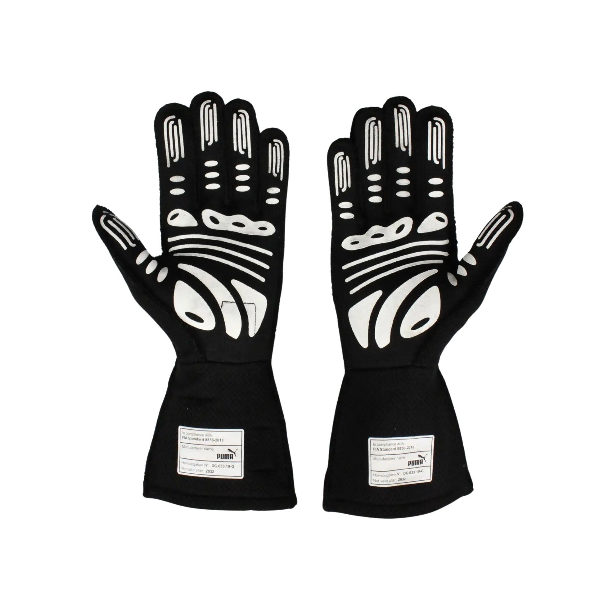 Pair of black Lewis Hamilton 2022 F1 racing gloves with white patterns on a white background
