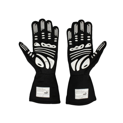 Pair of black Lewis Hamilton 2022 F1 racing gloves with white patterns on a white background