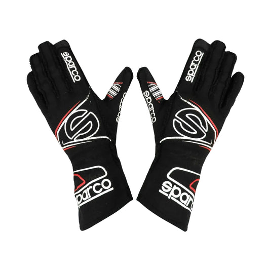 Pair of black Linus Lunqvist 2022 Indy Lights Racing gloves with Sparco logo on a white background