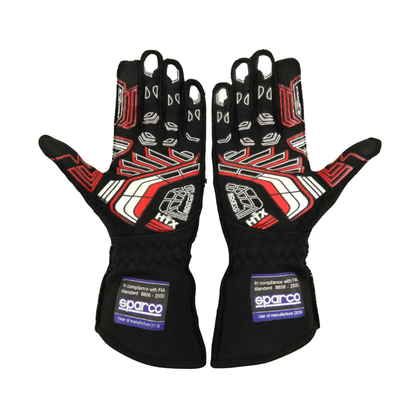 Pair of black Linus Lunqvist 2022 Indy Lights Racing gloves with red and white accents on a white background