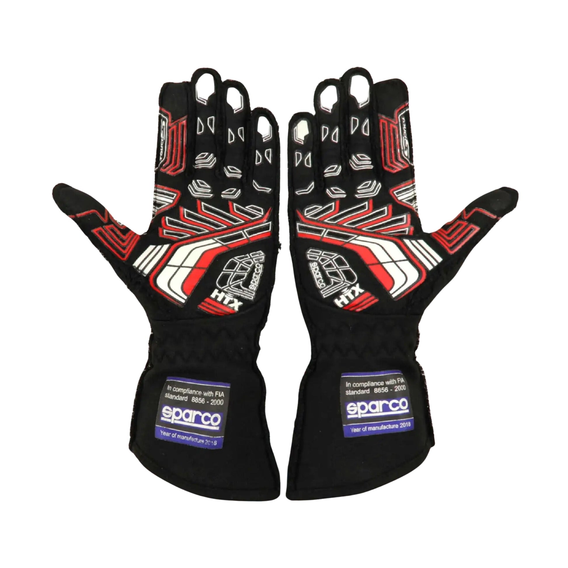 Pair of black Linus Lunqvist 2022 Indy Lights Racing gloves with red and white accents on a white background