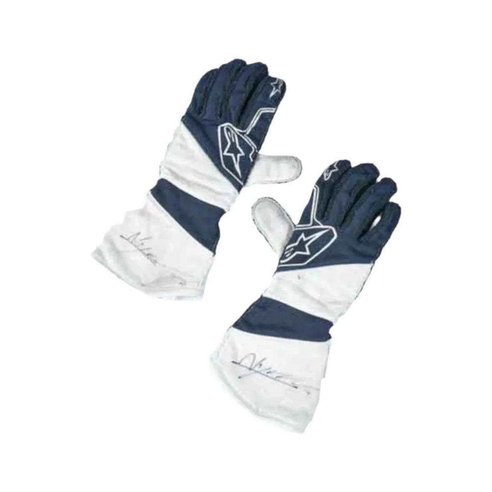 Pair of navy and white Nyck de Vries 2022 F1 Racing gloves with a logo on a white background