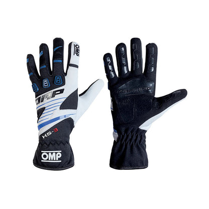 Pair of black and white OMP KS-4 2022 Youth Kart racing gloves with OMP branding on a white background
