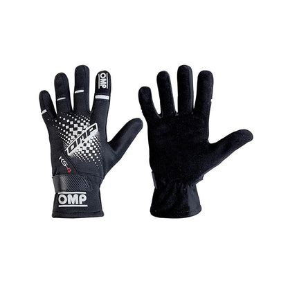 Pair of black OMP KS-4 2022 Youth Kart racing gloves with checkered pattern on a white background