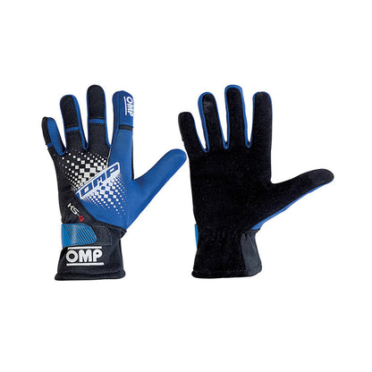 Pair of black and blue OMP KS-4 2022 Youth Kart racing gloves with OMP branding on a white background