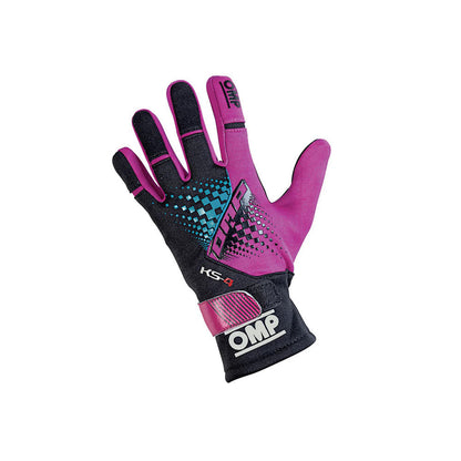 Pink and black OMP KS-4 2022 Youth Kart racing glove with OMP branding on a white background