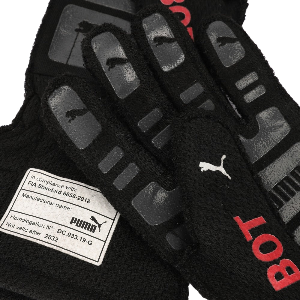 Black Valtteri Bottas 2022 British GP F1 Racing gloves with Puma logo and branding on a white background