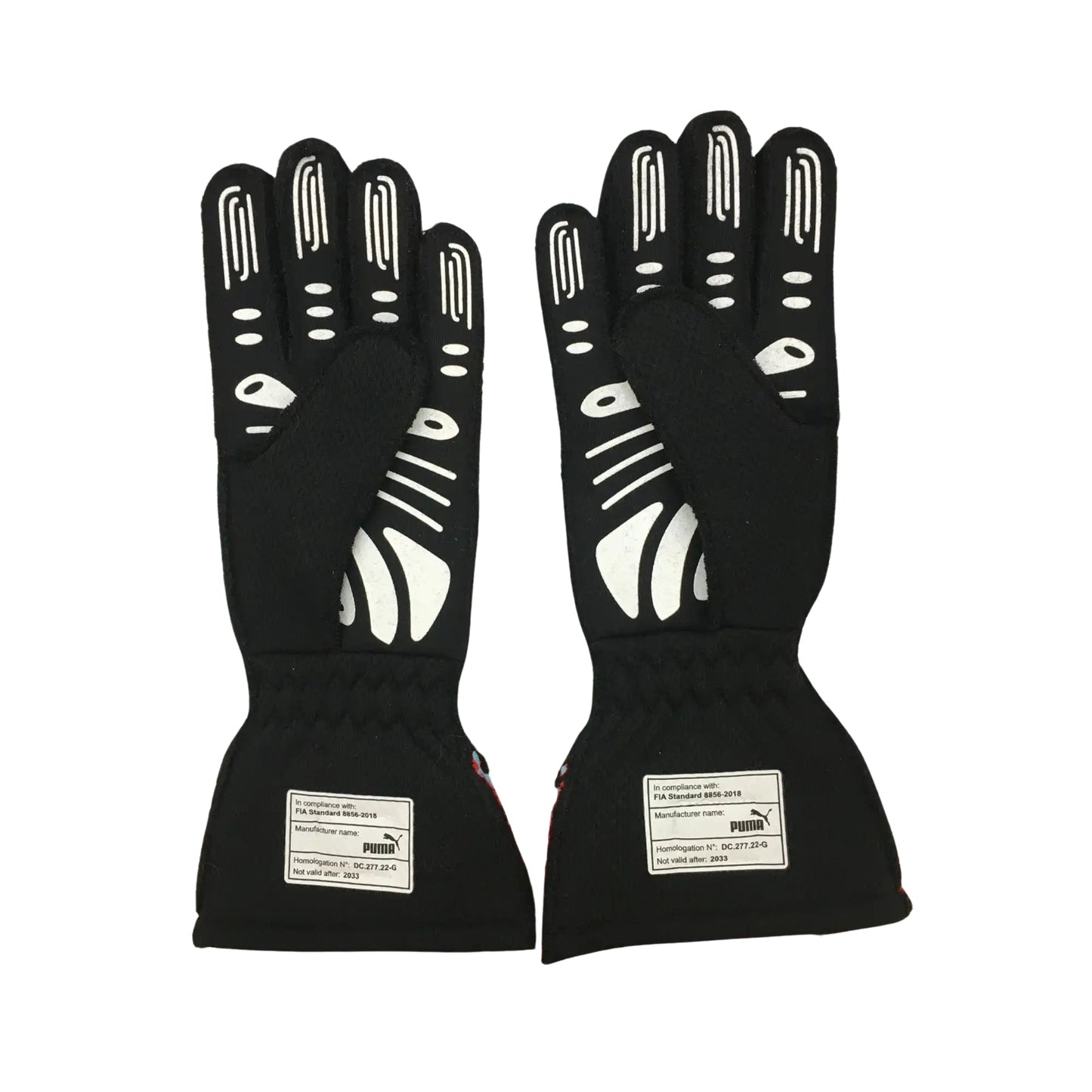 Pair of black Carlos Sainz Jr 2023 F1 racing gloves with white accents on a white background