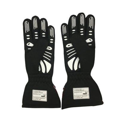 Pair of black Carlos Sainz Jr 2023 F1 racing gloves with white accents on a white background